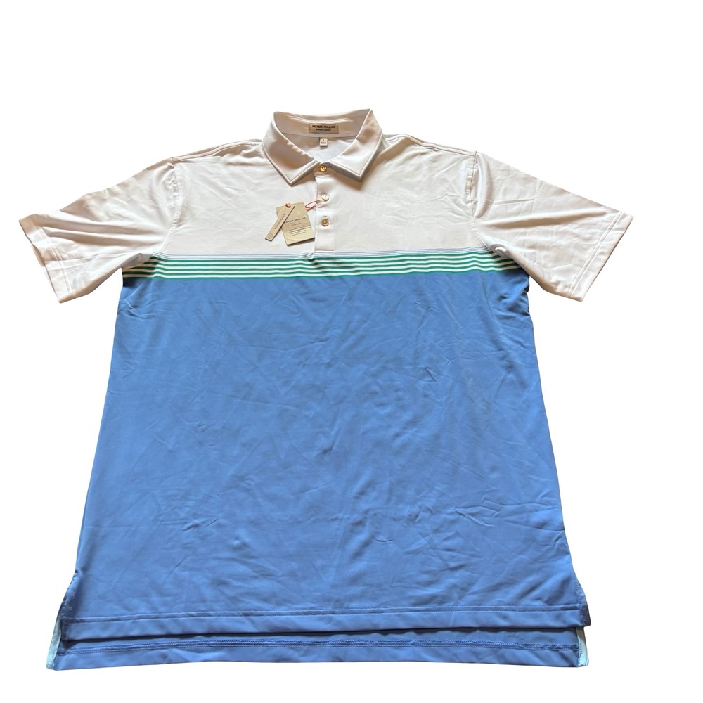Peter Millar Summer Comfort Polo Mens Large White Blue Striped MS23EK16S NWT